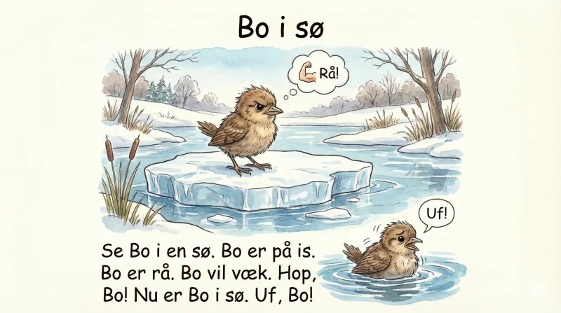 En lille fugl står på en isflage i en sø og siger rå. Nede i vandet ligger den samme fugl og siger uf.