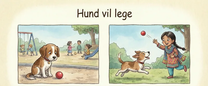 En hvalp med en rød bold på en legeplads. Bagefter kaster en pige bolden til den.