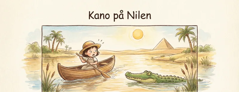 En pige ror i en kano på en flod. En krokodille svømmer ved siden af.