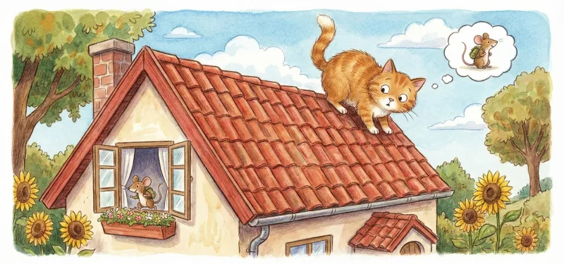 Tegning af en kat på et tag, der kigger ned mod en mus i vinduet