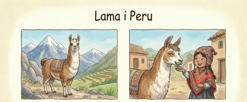 En lama står i et bjerglandskab. En pige giver den mad.