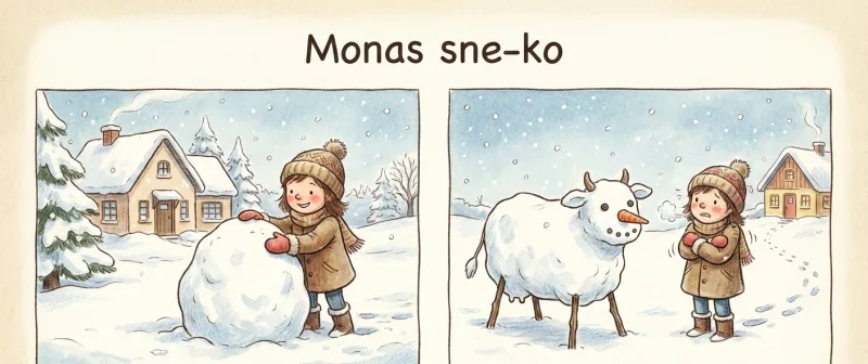 En pige ruller en stor snebold og bygger en ko af sne.