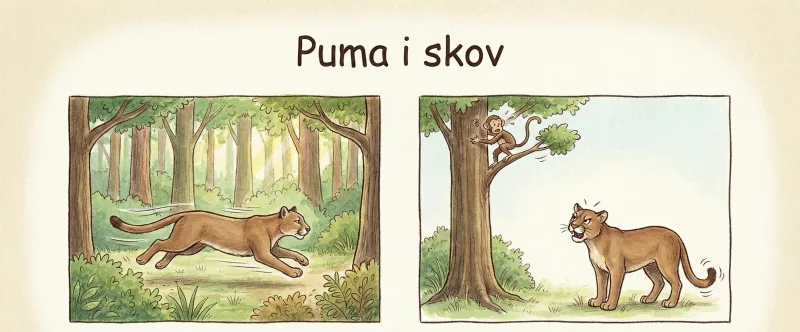 En puma løber gennem en skov. En abe sidder i et træ.