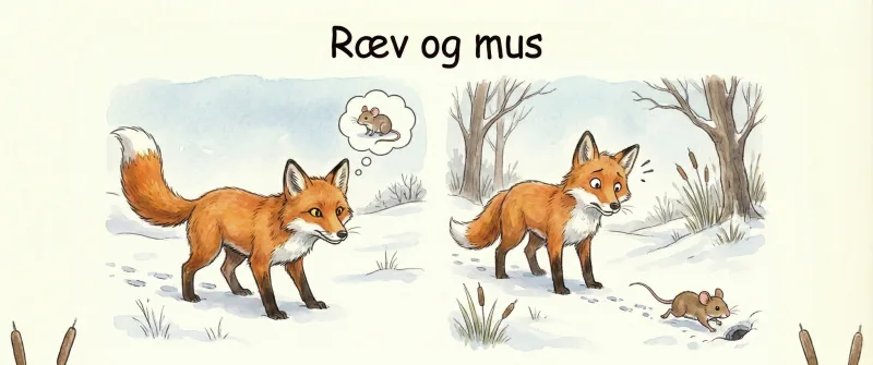 En ræv står i sneen og kigger på en mus.