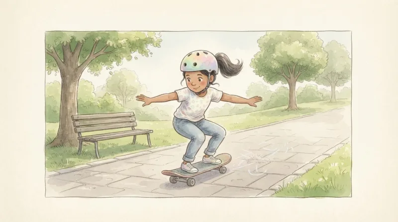 En pige med hjelm kører på skateboard ned ad en sti i en park med armene ud til siden.