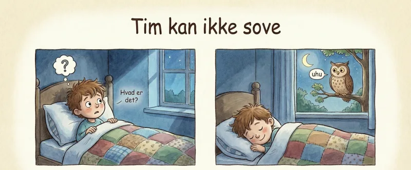 En dreng ligger vågen i sin seng. Udenfor sidder en ugle i et træ.