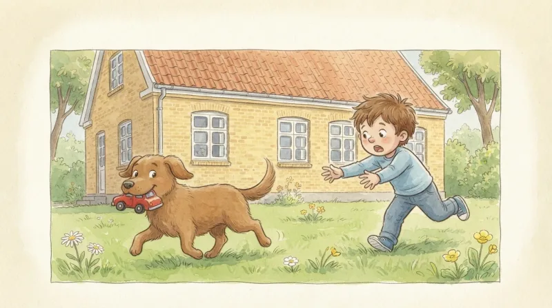 Hunden Mik løber væk med en rød legetøjsbil i munden, og en dreng løber efter.